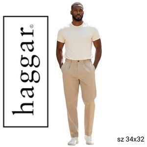 Haggar Tan Pleated Front Business Casual Khakis Trousers Pants